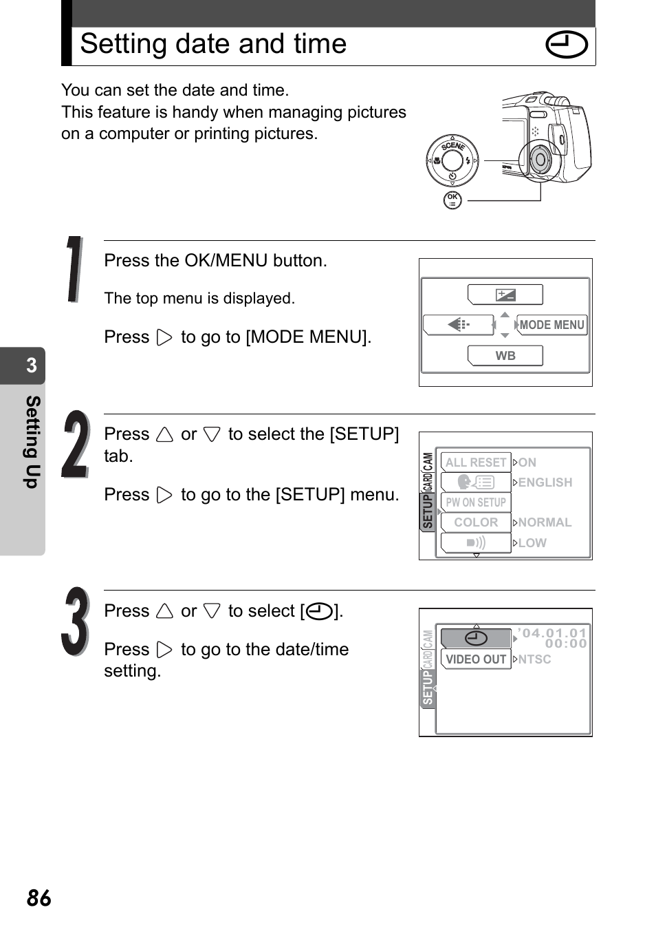 Setting date and time, Setting date and time x, Set ting up | Olympus Stylus Verve User Manual | Page 86 / 192