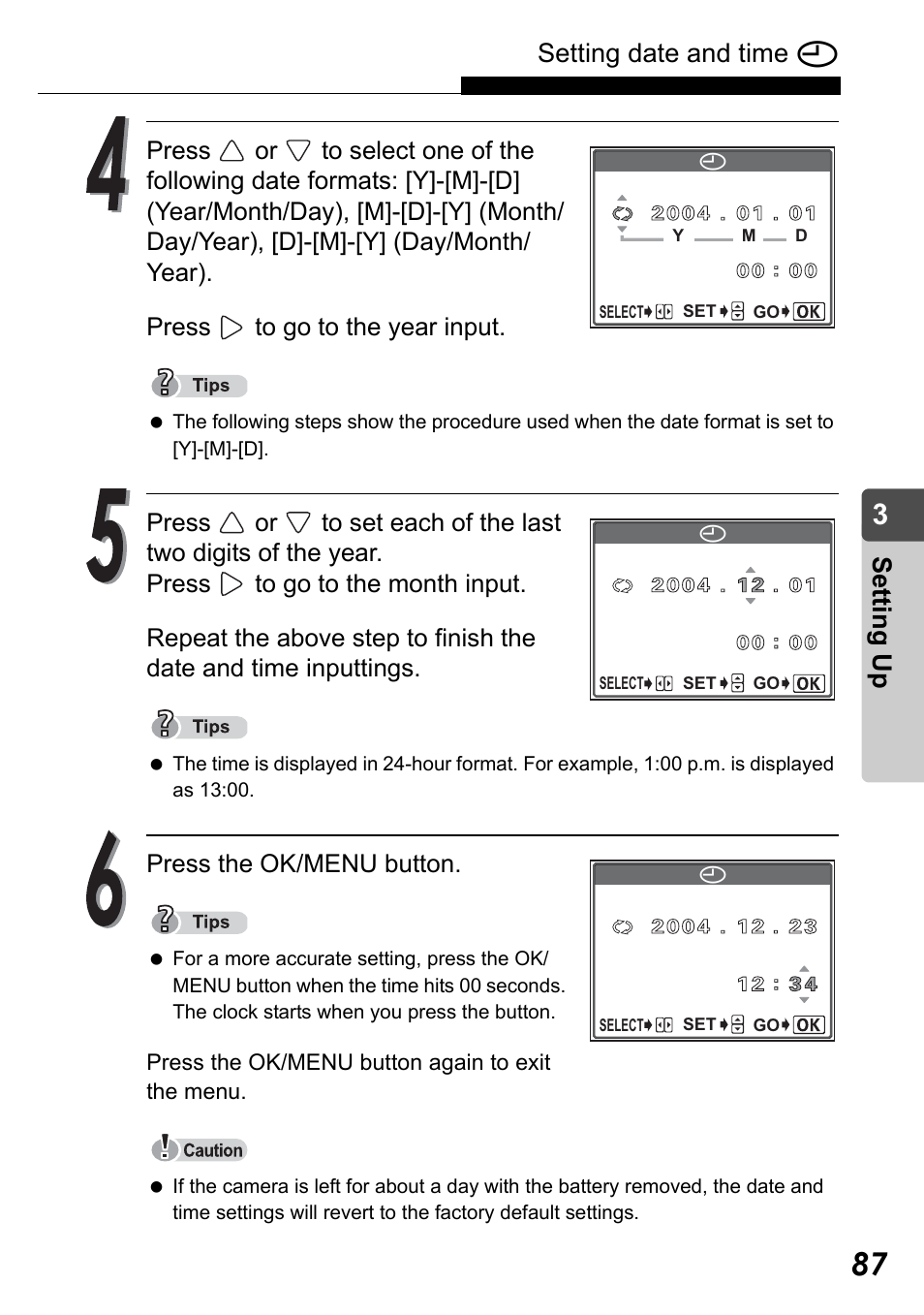 Setting date and time x, Set ting up, Press the ok/menu button | Olympus Stylus Verve User Manual | Page 87 / 192