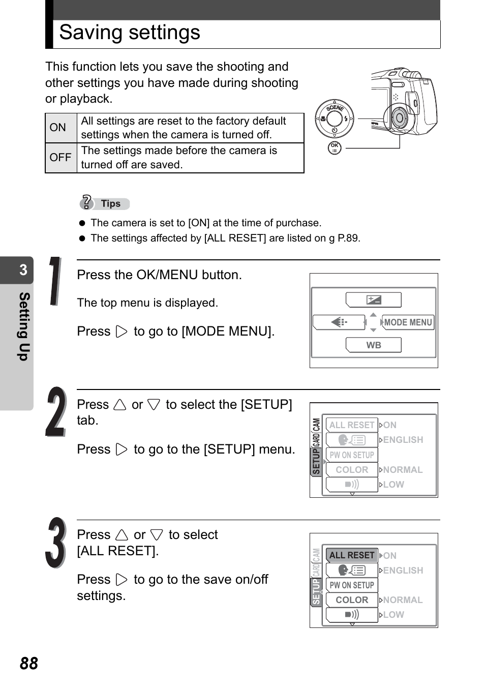 Saving settings, Set ting up, Press the ok/menu button | Olympus Stylus Verve User Manual | Page 88 / 192