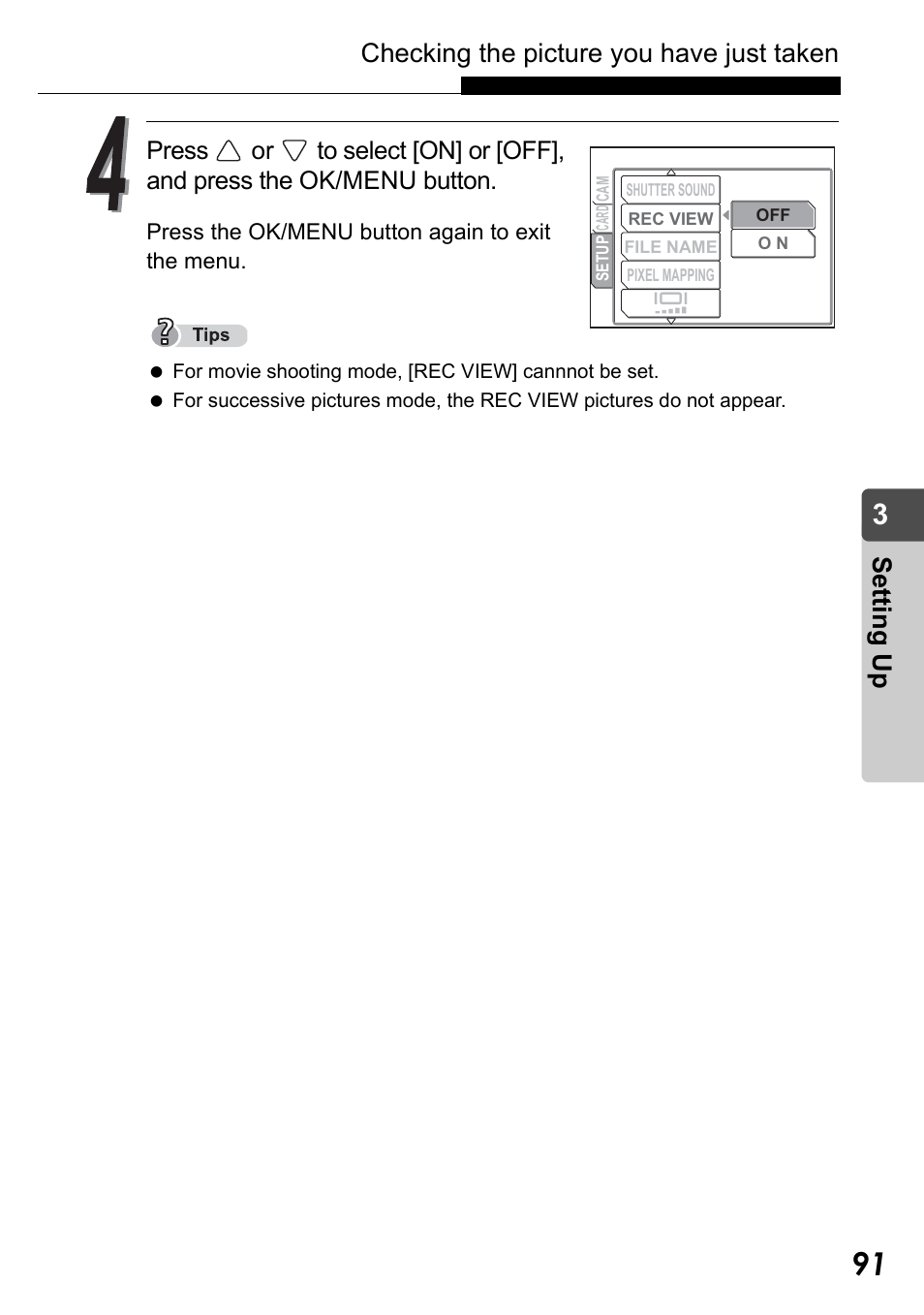 Checking the picture you have just taken, Set ting up | Olympus Stylus Verve User Manual | Page 91 / 192