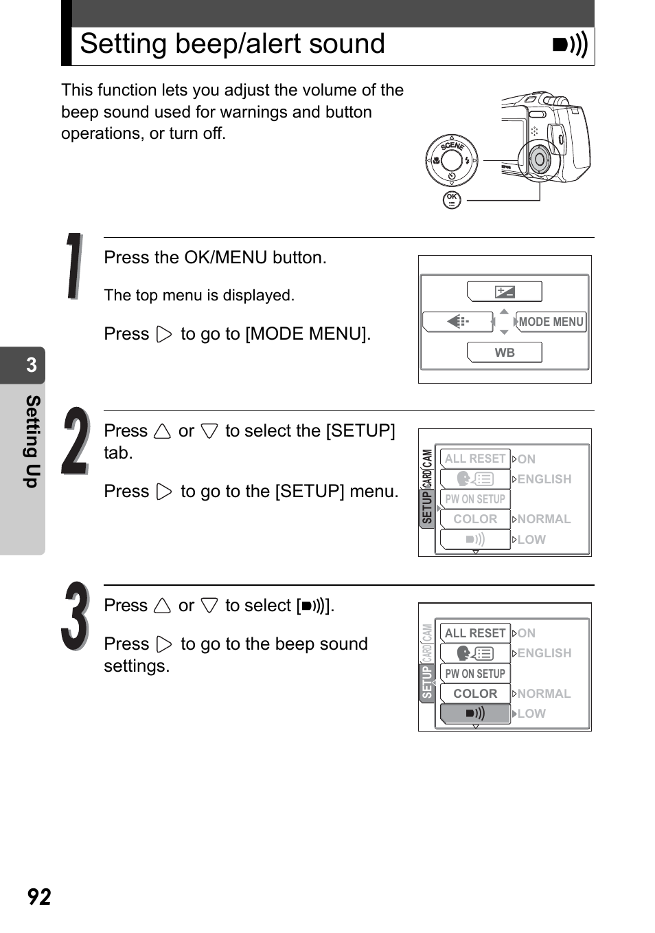 Setting beep/alert sound, Setting beep/alert sound 8, Set ting up | Olympus Stylus Verve User Manual | Page 92 / 192