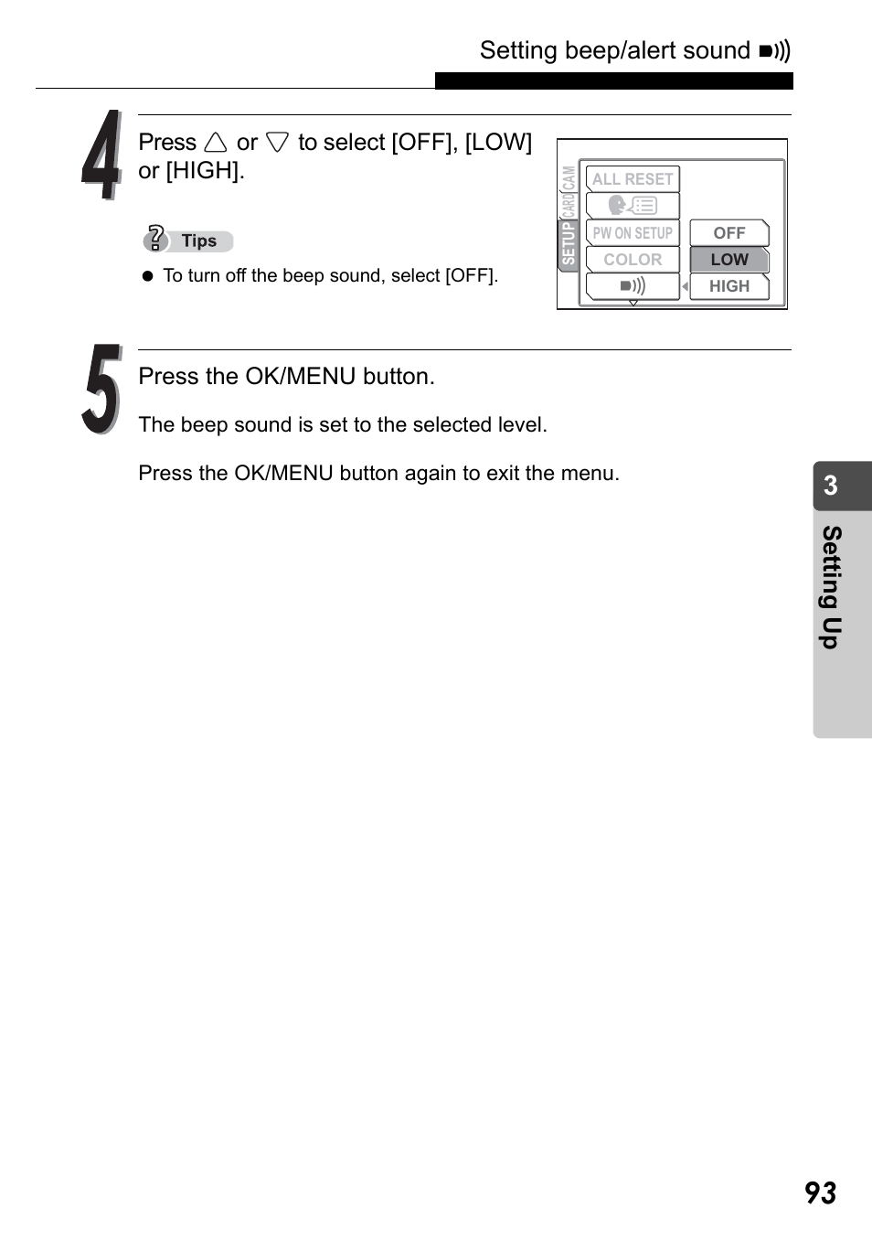 Setting beep/alert sound 8, Set ting up | Olympus Stylus Verve User Manual | Page 93 / 192