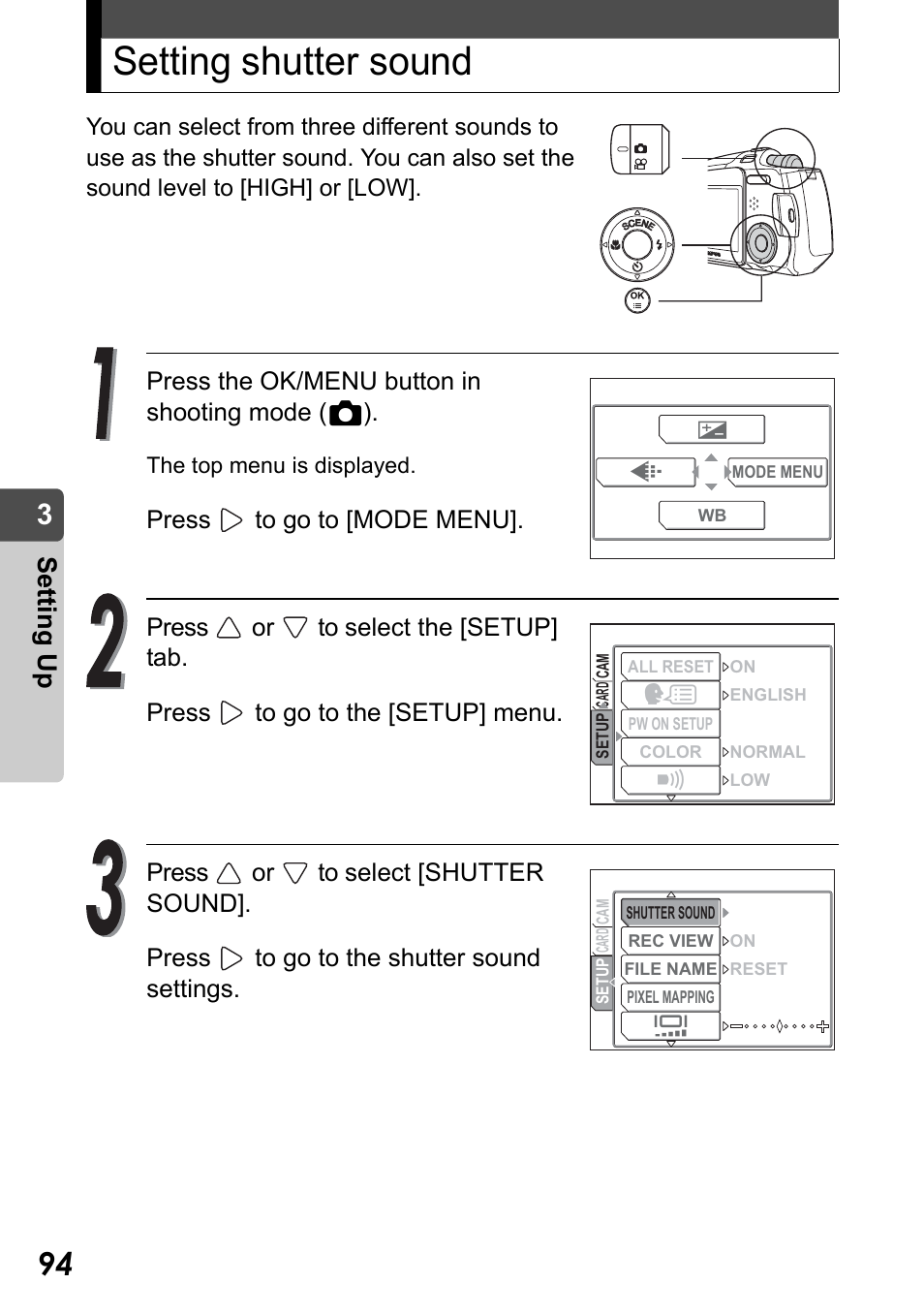 Setting shutter sound, Set ting up | Olympus Stylus Verve User Manual | Page 94 / 192