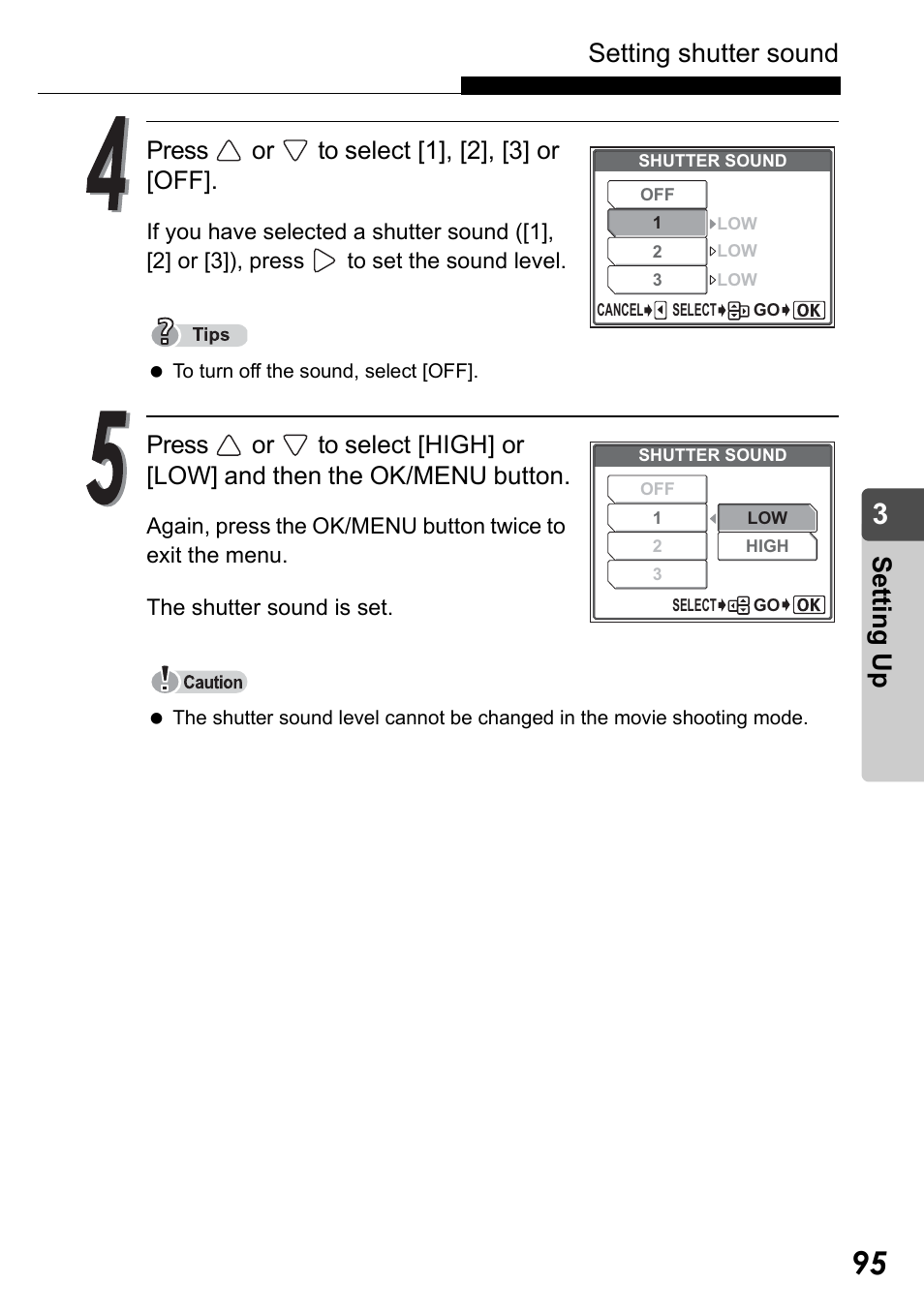 Setting shutter sound, Set ting up, Press or to select [1], [2], [3] or [off | Olympus Stylus Verve User Manual | Page 95 / 192