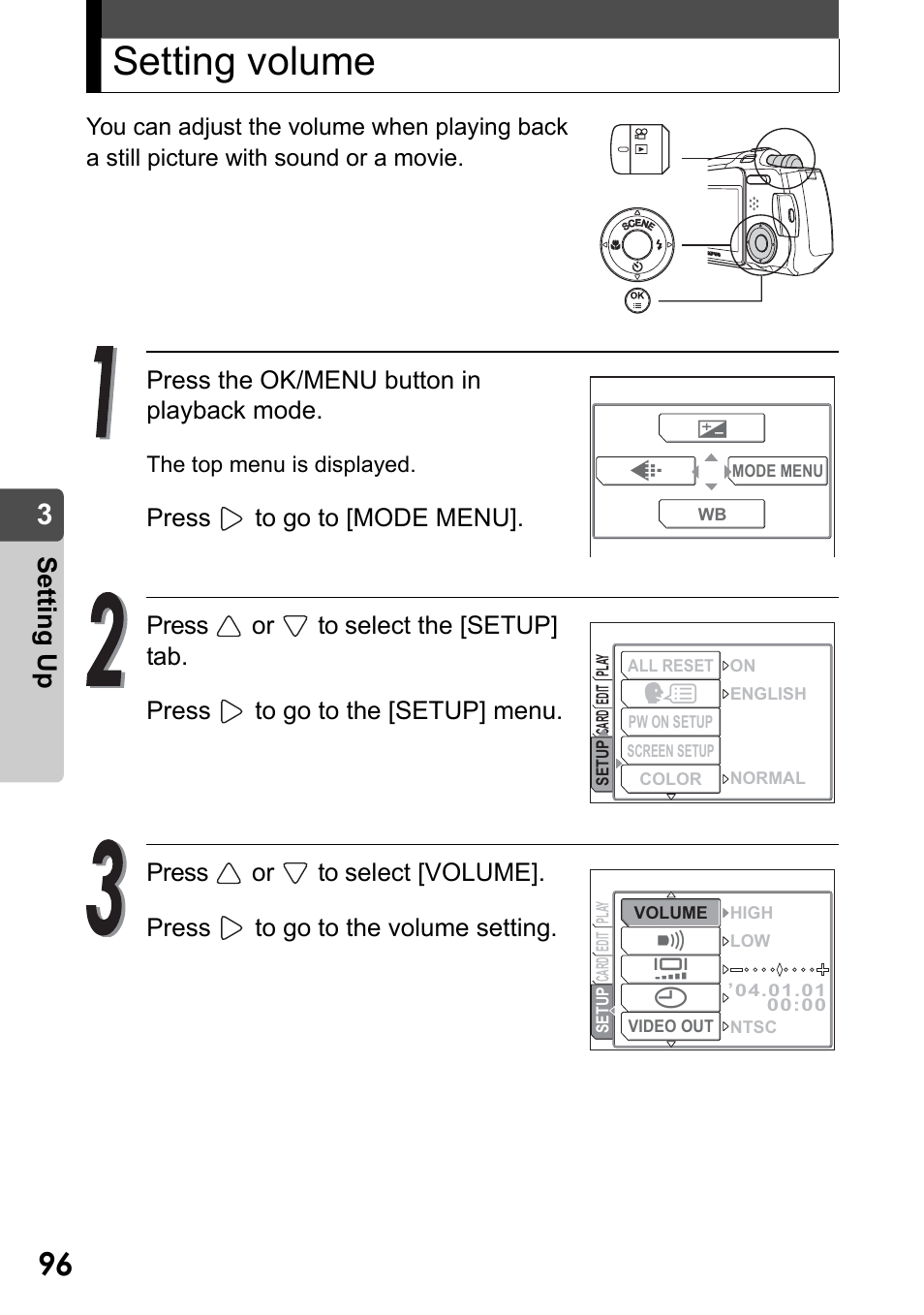 Setting volume, Setting, Volume” (p.96) | Set ting up, Press the ok/menu button in playback mode | Olympus Stylus Verve User Manual | Page 96 / 192