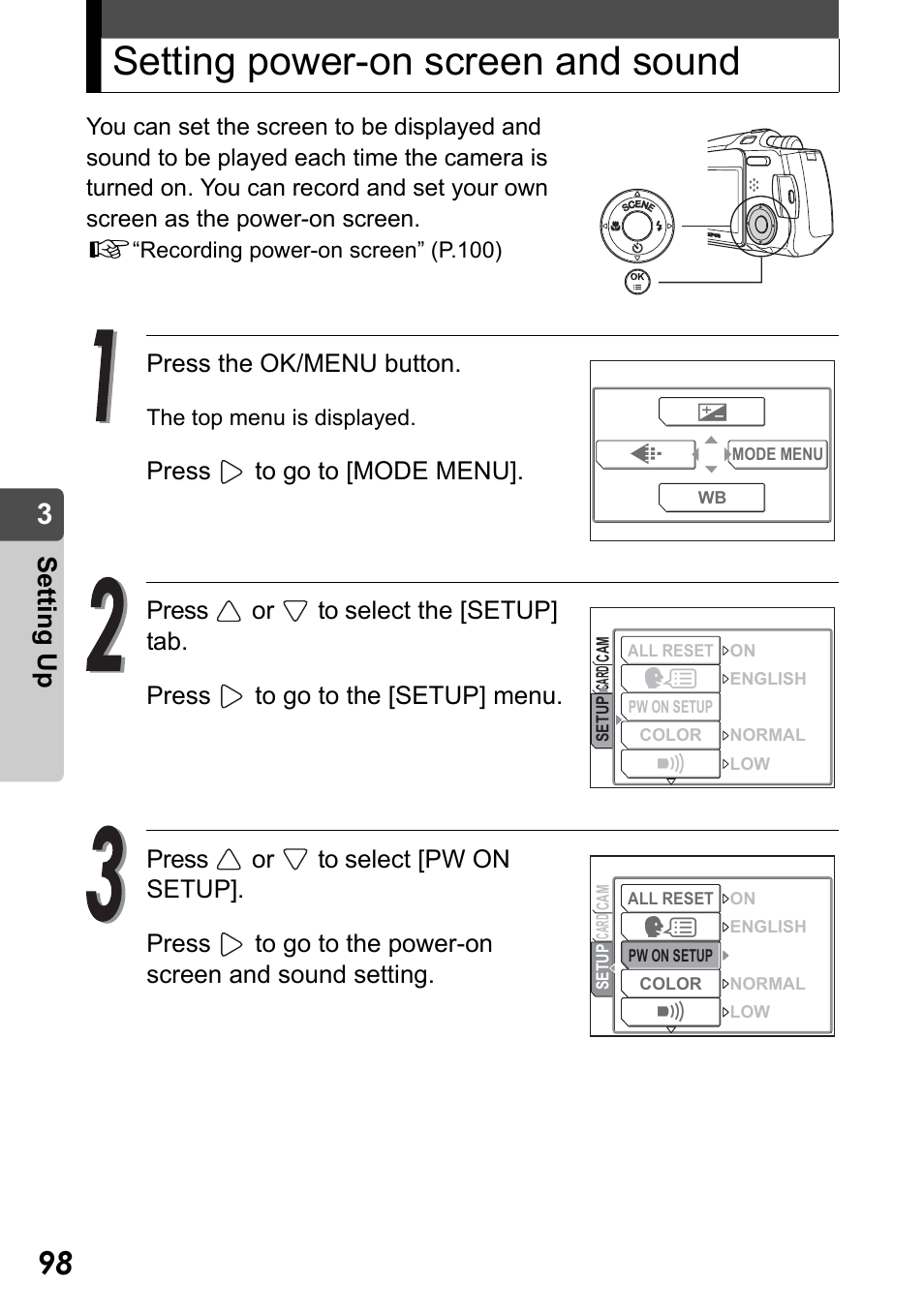 Setting power-on screen and sound, Set ting up, Press the ok/menu button | Olympus Stylus Verve User Manual | Page 98 / 192