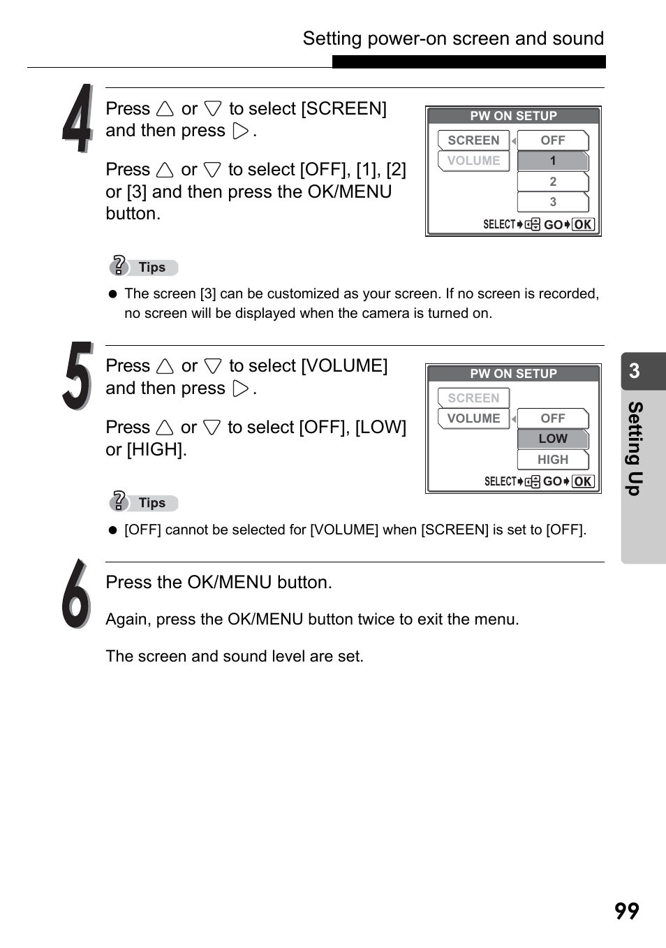 Setting power-on screen and sound, Set ting up | Olympus Stylus Verve User Manual | Page 99 / 192