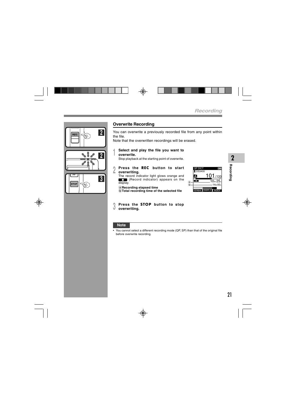 Recording | Olympus DS-3400 User Manual | Page 21 / 76