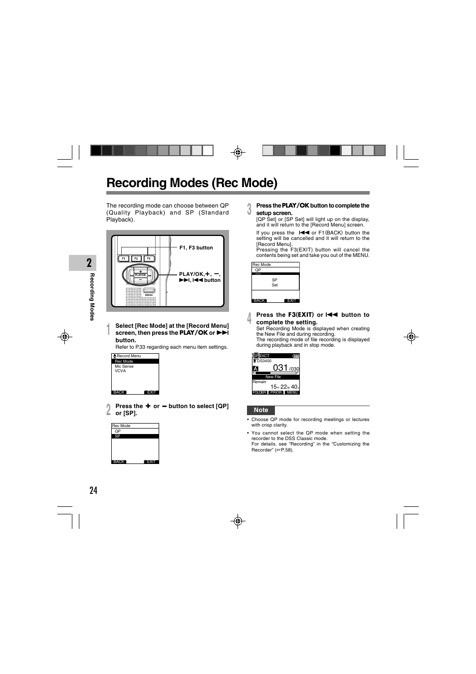 Recording modes (rec mode) | Olympus DS-3400 User Manual | Page 24 / 76