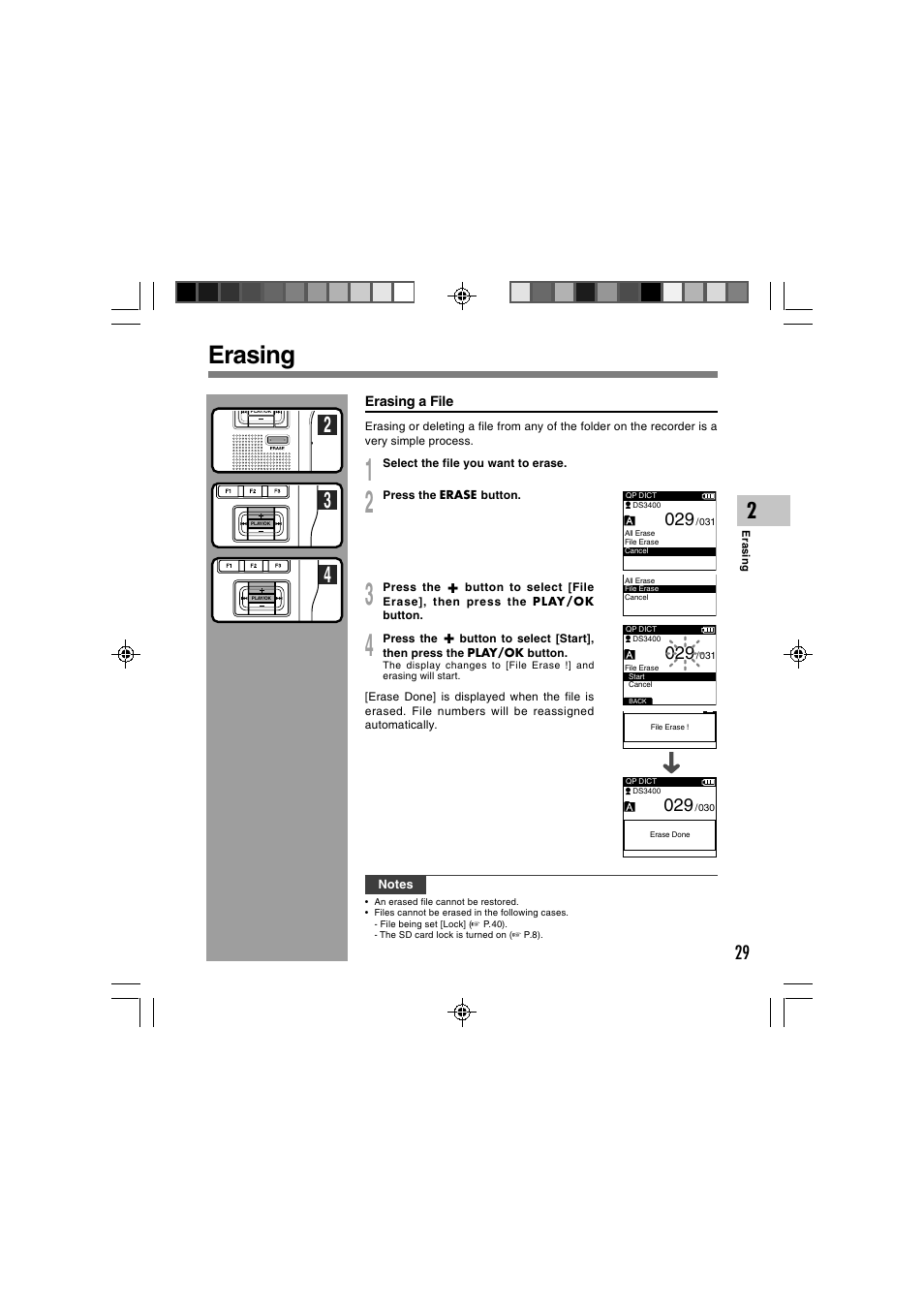 Erasing | Olympus DS-3400 User Manual | Page 29 / 76