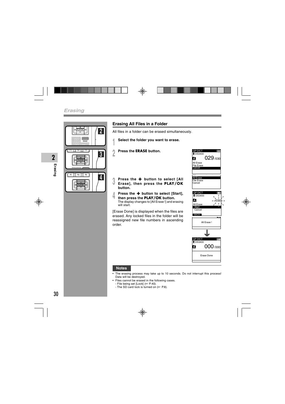 Erasing | Olympus DS-3400 User Manual | Page 30 / 76
