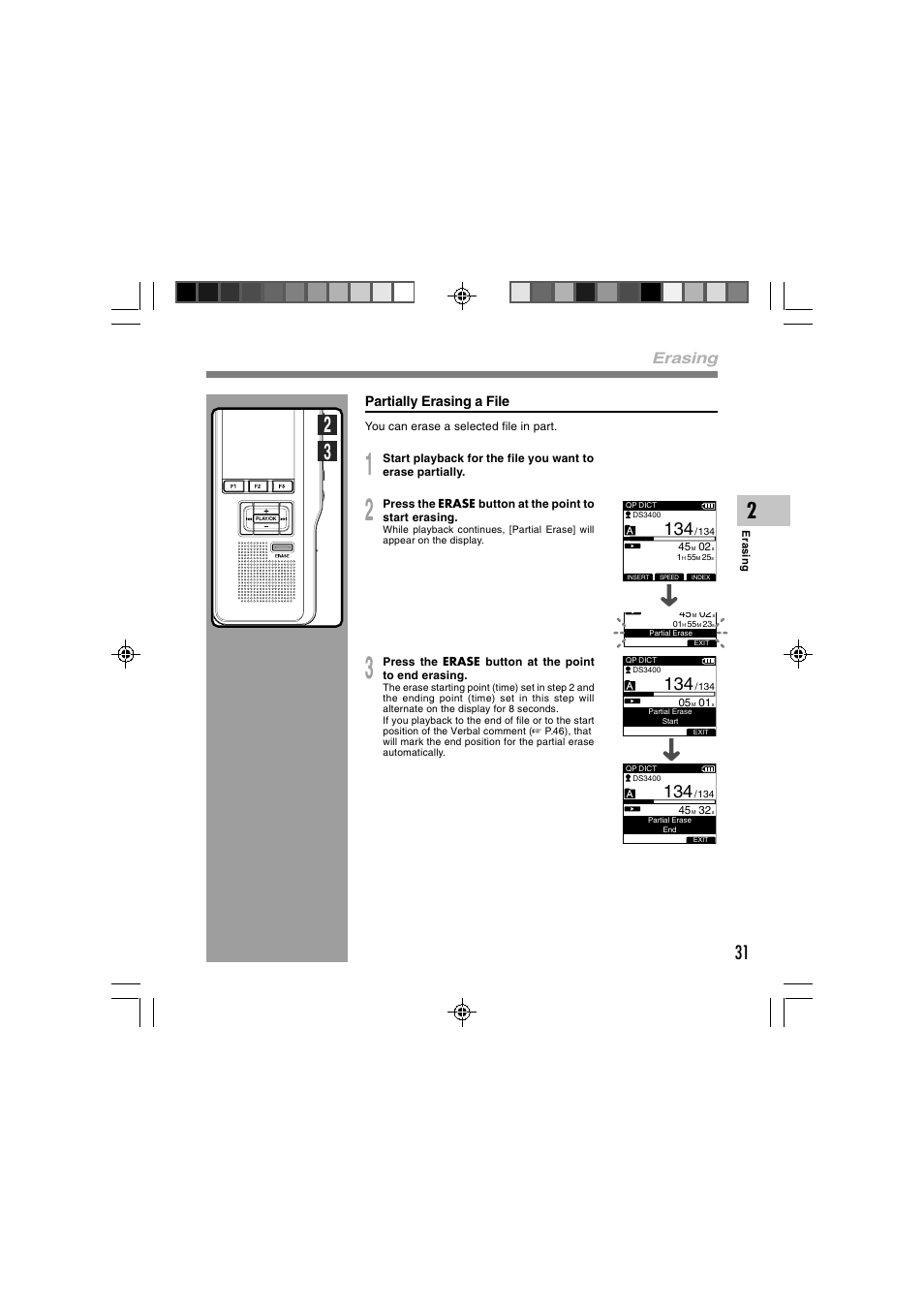 Erasing, Partially erasing a file | Olympus DS-3400 User Manual | Page 31 / 76