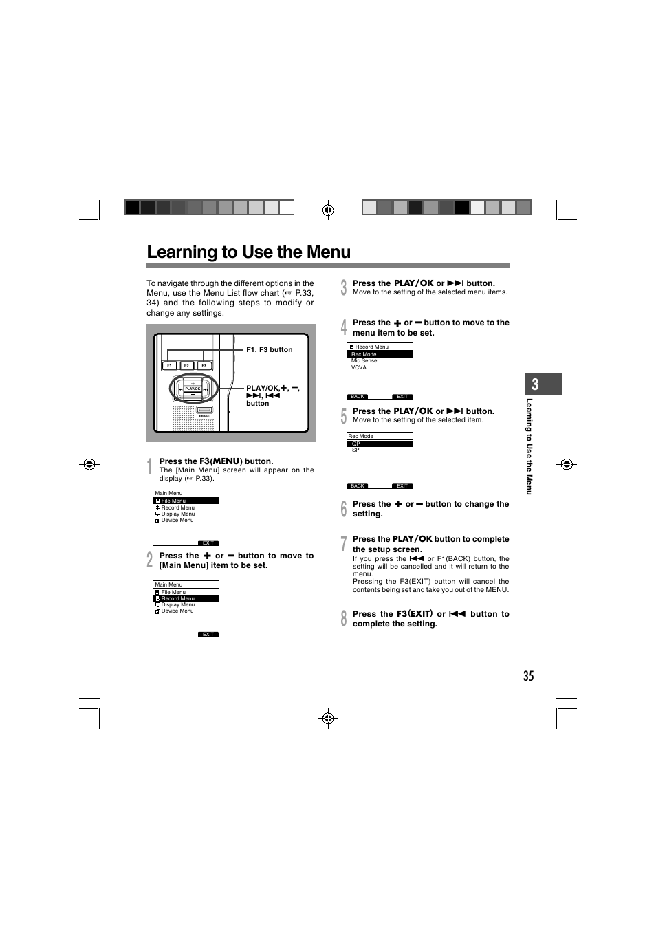 Learning to use the menu | Olympus DS-3400 User Manual | Page 35 / 76