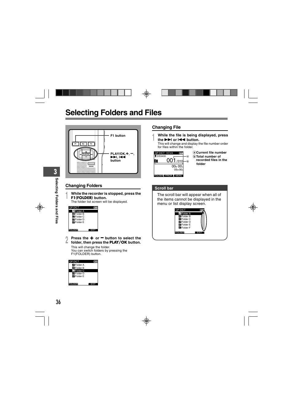 Selecting folders and files | Olympus DS-3400 User Manual | Page 36 / 76