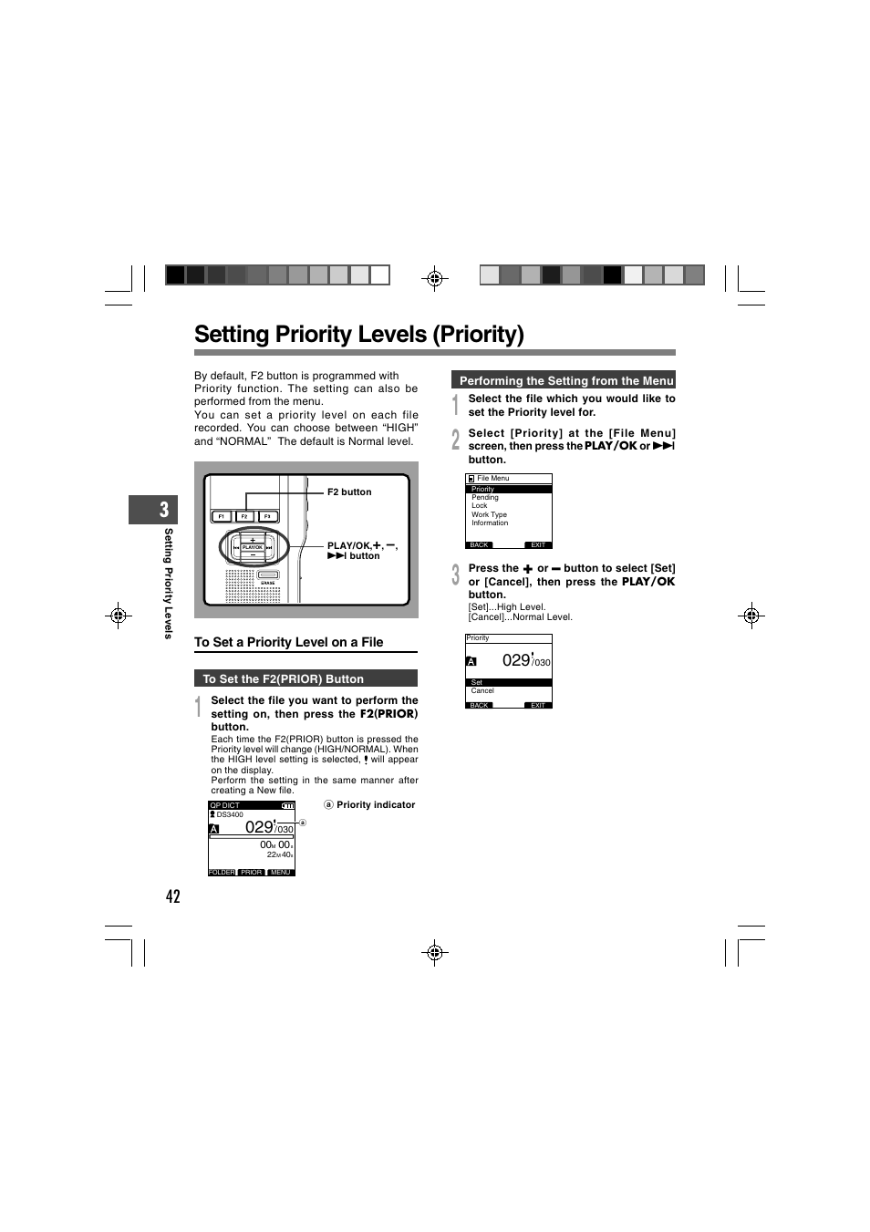 Setting priority levels (priority) | Olympus DS-3400 User Manual | Page 42 / 76