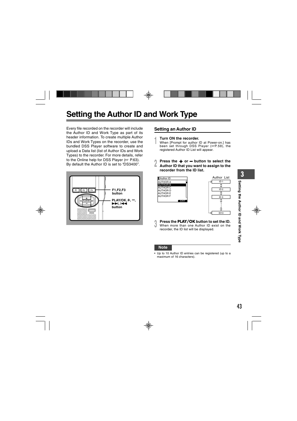 Setting the author id and work type | Olympus DS-3400 User Manual | Page 43 / 76