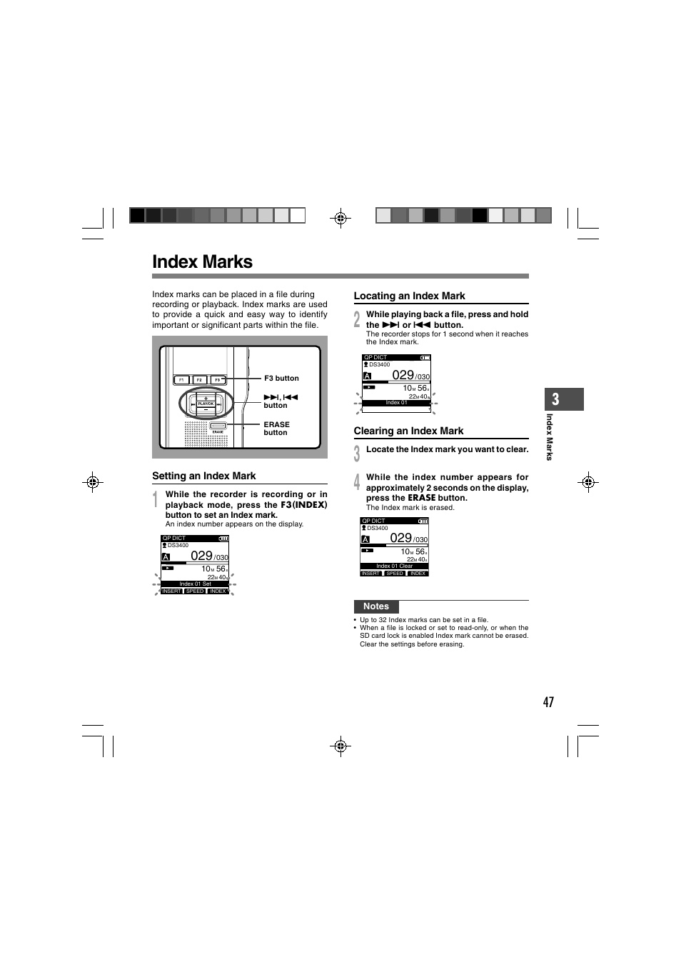 Index marks, Setting an index mark, Locating an index mark | Clearing an index mark | Olympus DS-3400 User Manual | Page 47 / 76