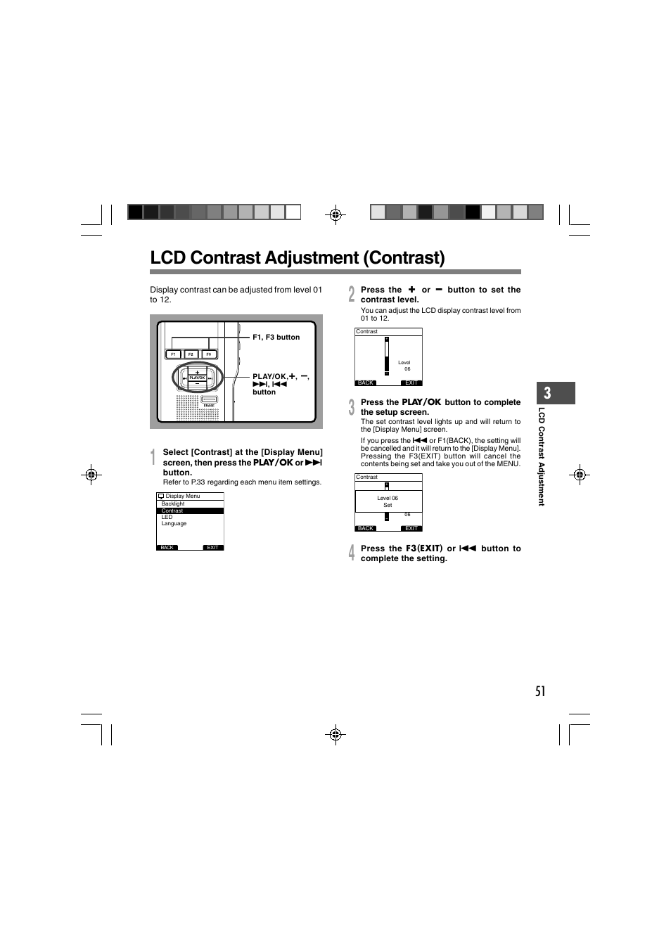 Lcd contrast adjustment (contrast) | Olympus DS-3400 User Manual | Page 51 / 76