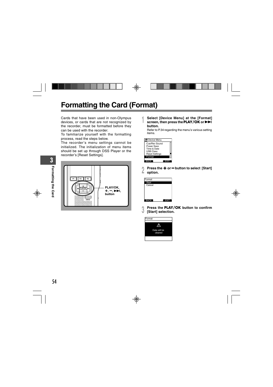 Formatting the card (format) | Olympus DS-3400 User Manual | Page 54 / 76