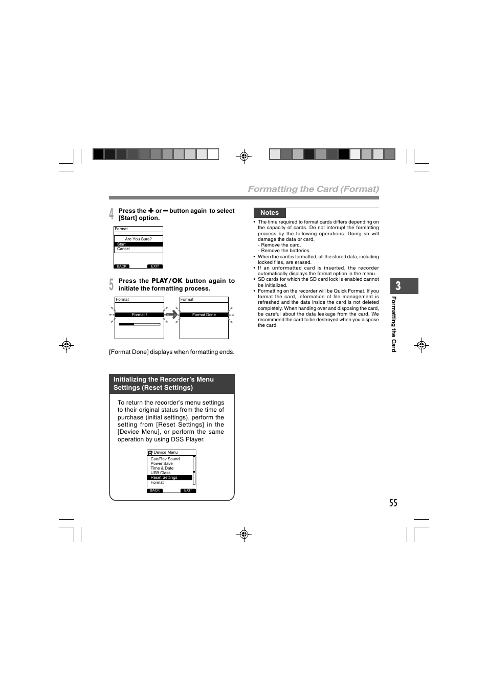 Formatting the card (format) | Olympus DS-3400 User Manual | Page 55 / 76