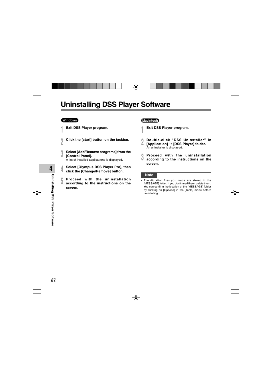 Uninstalling dss player software | Olympus DS-3400 User Manual | Page 62 / 76