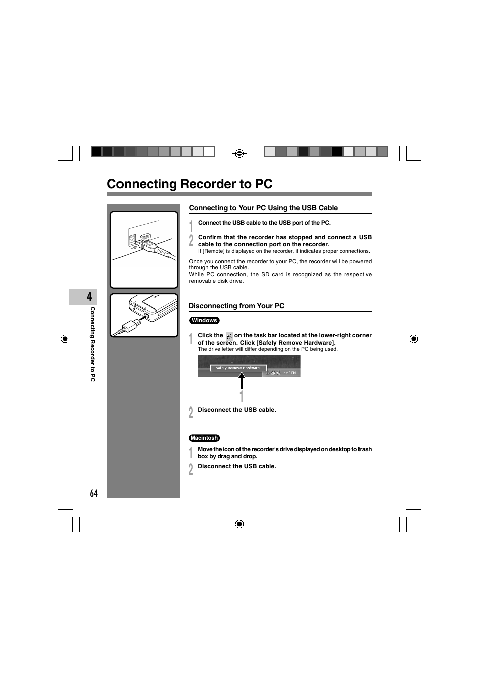 Connecting recorder to pc | Olympus DS-3400 User Manual | Page 64 / 76