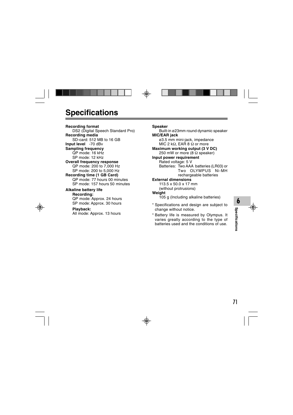 Specifications | Olympus DS-3400 User Manual | Page 71 / 76