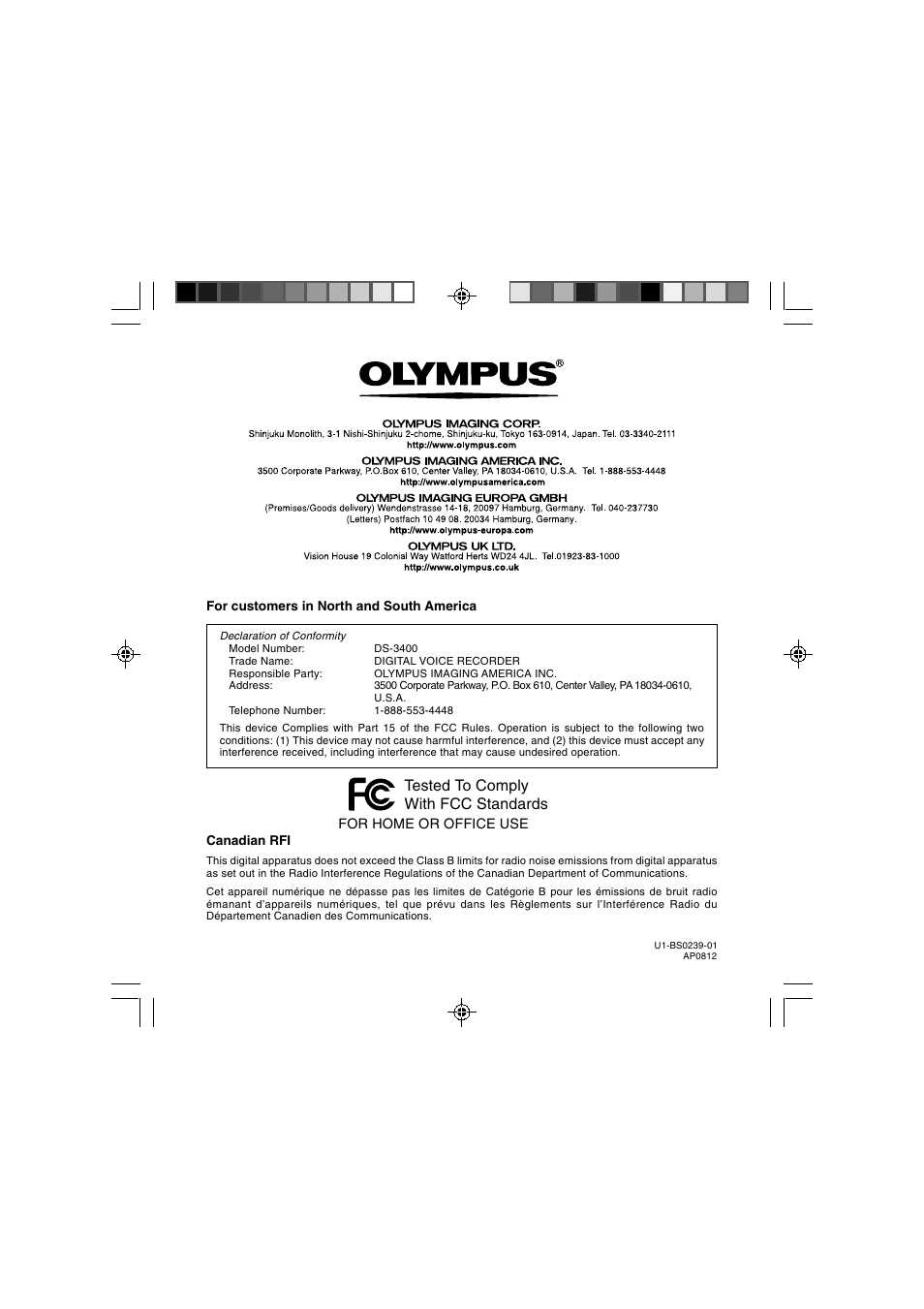 Tested to comply with fcc standards | Olympus DS-3400 User Manual | Page 76 / 76