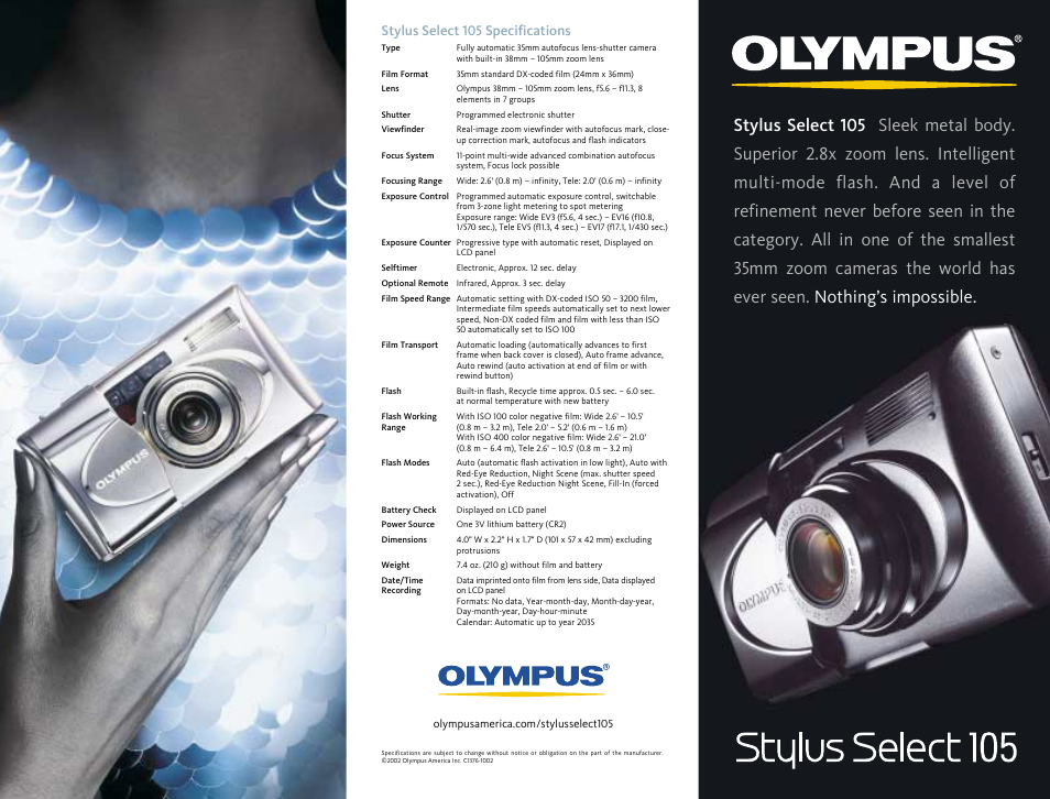 Olympus Stylus Select 105 User Manual | 2 pages
