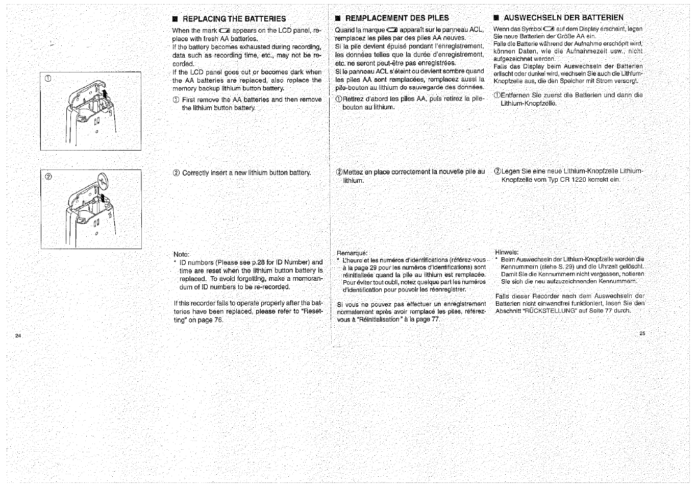 B replacing the, N remplacement des piles, S auswechseln der batterien | Auswechseln der batterien | Olympus D-1000 Digital Voice Recorder User Manual | Page 13 / 44