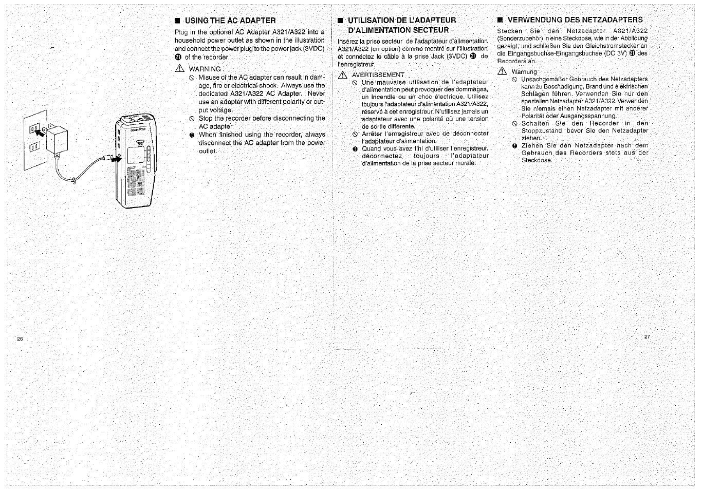 Using the ac adapter, B utilisation de ladapteur d’alimentation secteur, R verwendung des netzadapters | Olympus D-1000 Digital Voice Recorder User Manual | Page 14 / 44