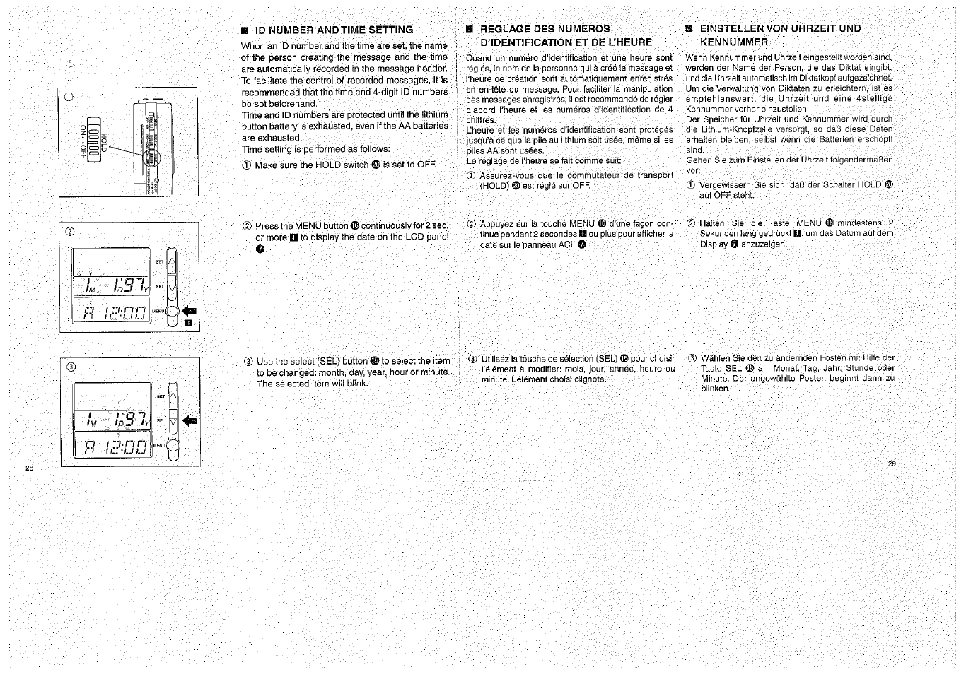 N id number andtime setting, H reglage des numeros, Dtdentification et de l’heure | A einstellen von uhrzeit und kennummer | Olympus D-1000 Digital Voice Recorder User Manual | Page 15 / 44