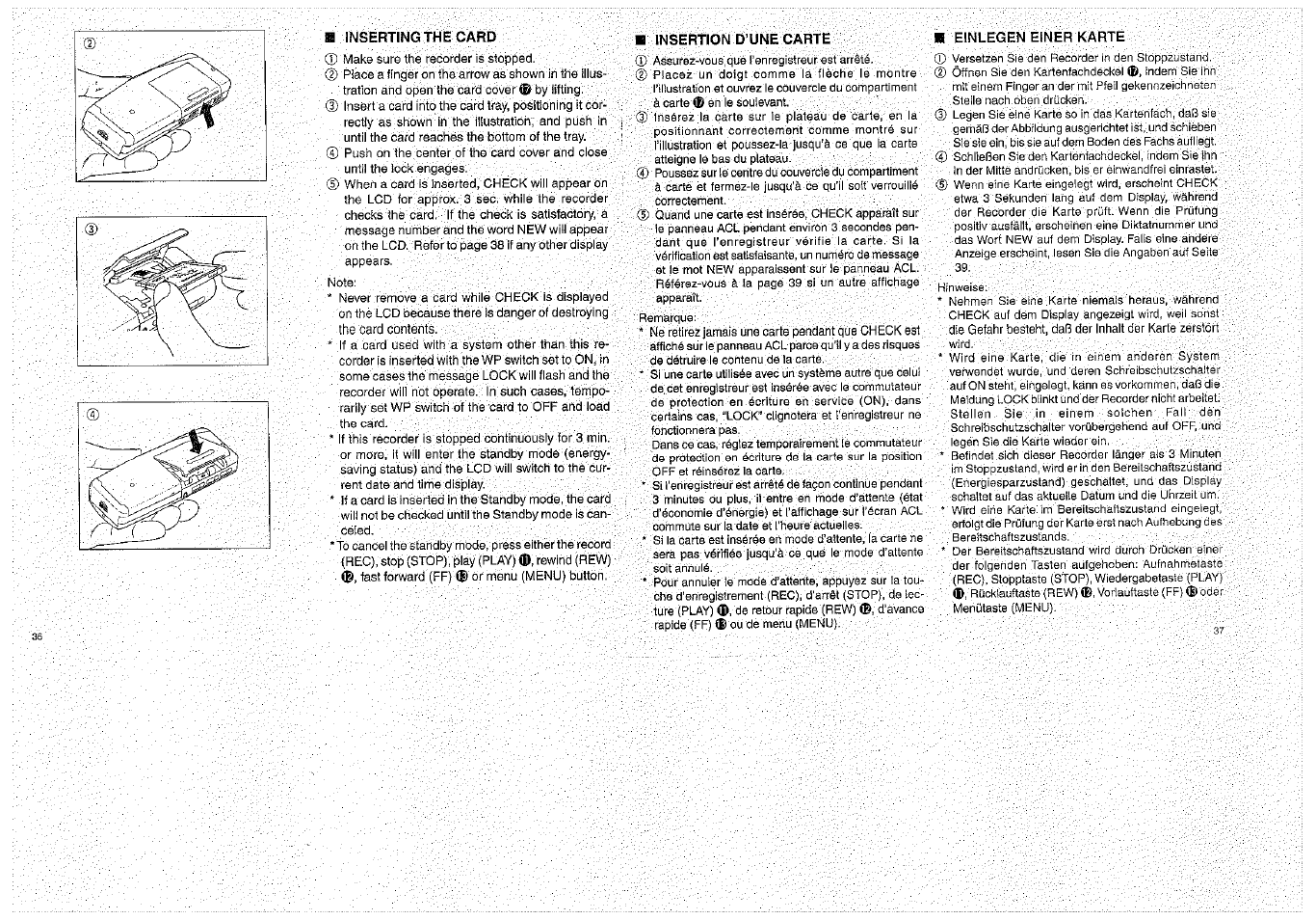 H inserting the card, Insertion d’une carte, M einlegen einer karte | Insertion d'une carte, Einlegen einer karte | Olympus D-1000 Digital Voice Recorder User Manual | Page 19 / 44