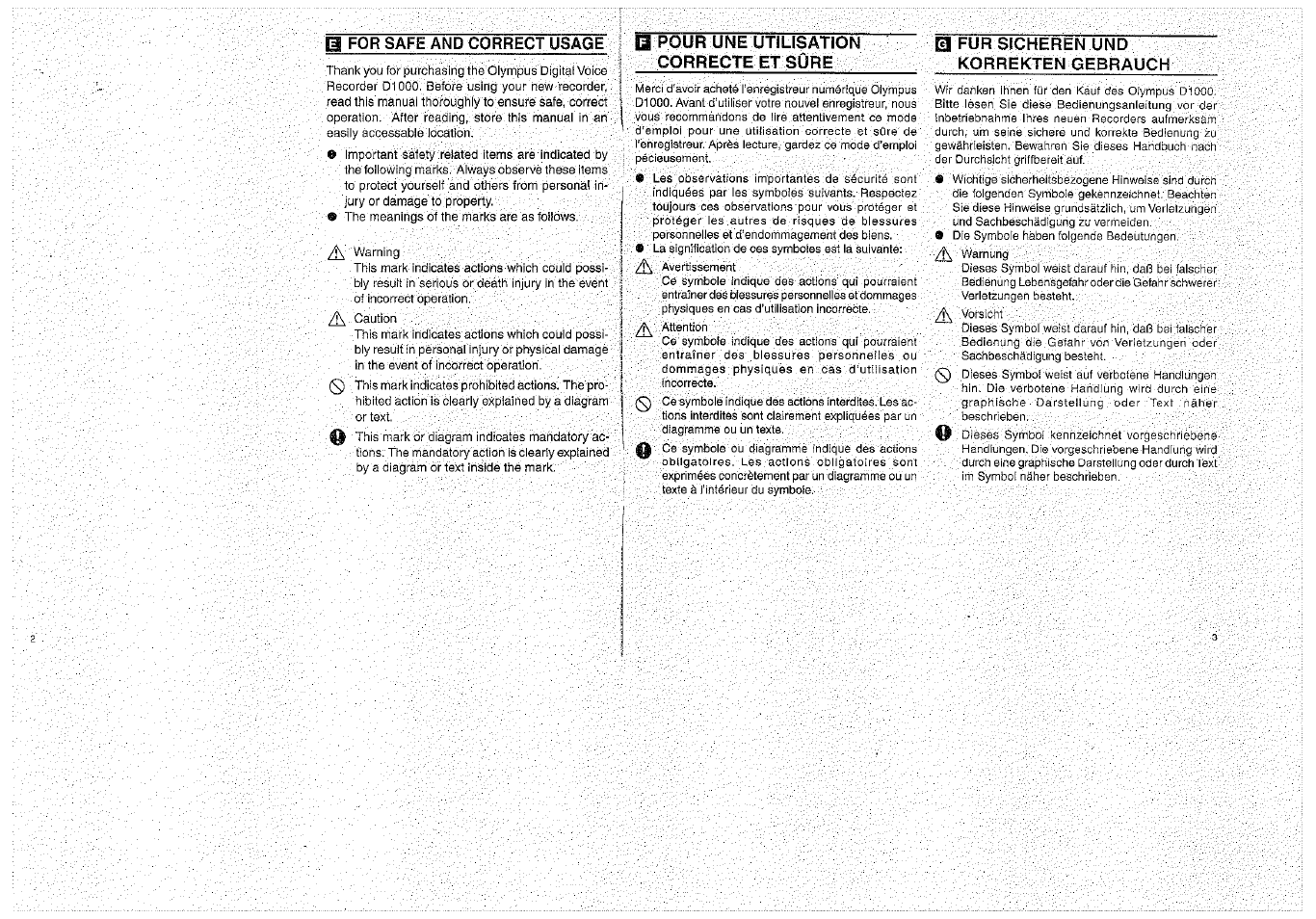 H for safe and correct usage, La pour une utilisation, Correcte ët sûre | 0 fur sicheren und korrekten gëbrauch | Olympus D-1000 Digital Voice Recorder User Manual | Page 2 / 44