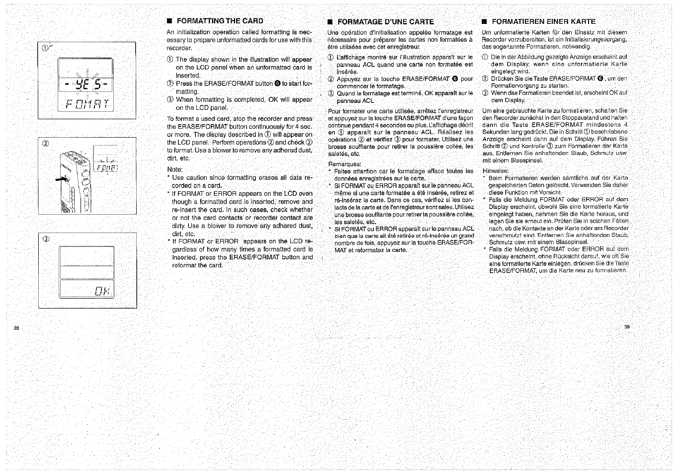 Formattingthe card, Formatage d’une carte, Formatieren einer karte | Formatage, D’une carte | Olympus D-1000 Digital Voice Recorder User Manual | Page 20 / 44