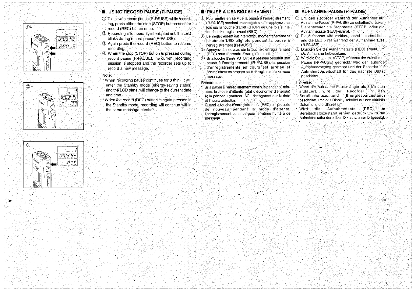 Using record pause (r-pause), Pause a l’enregistrement, Aufnahme-pause (r-pause) | I l s | Olympus D-1000 Digital Voice Recorder User Manual | Page 22 / 44