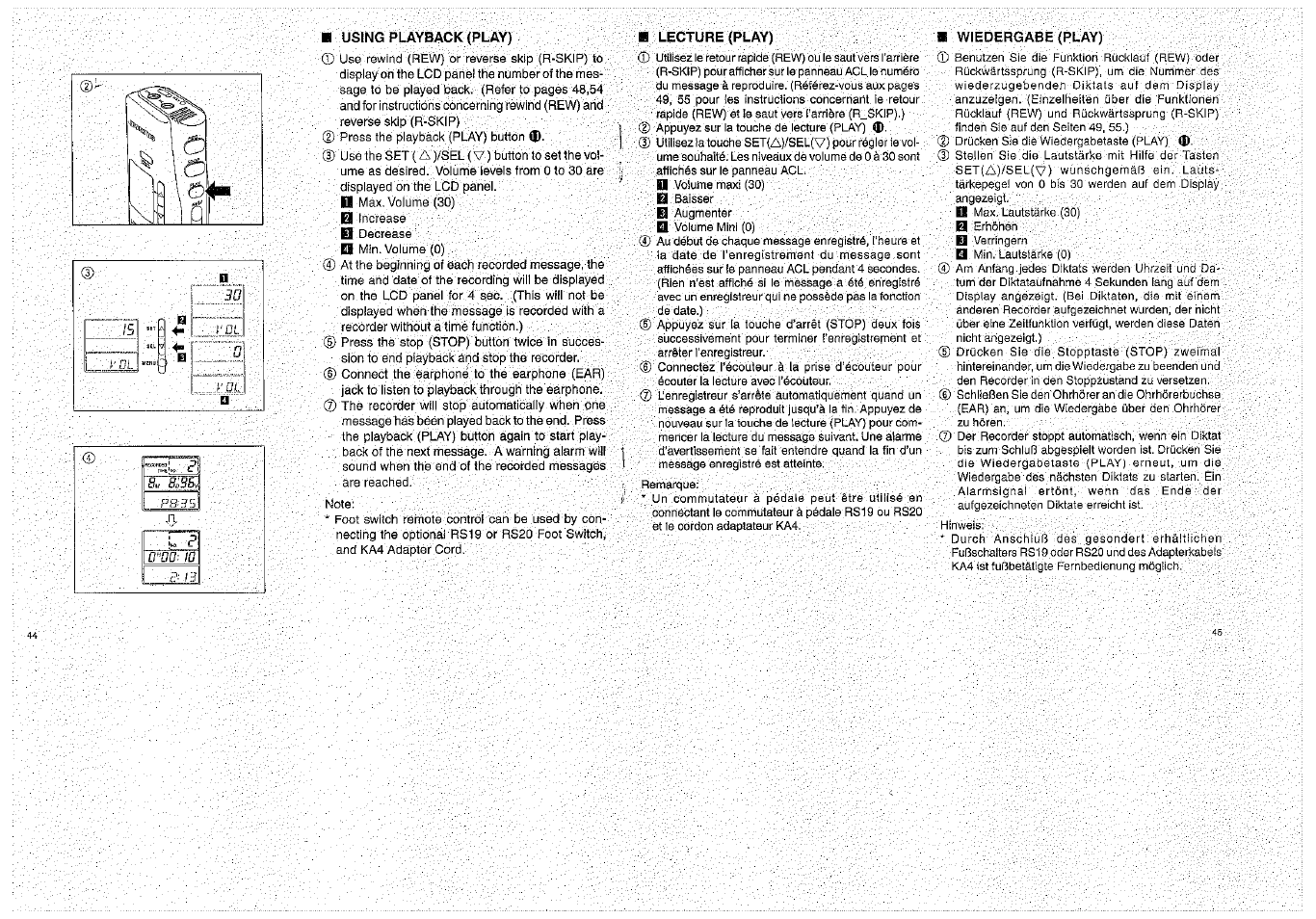 Using playback (play), Lecture (play), Wiedergabe (play) | Lecture, Play) | Olympus D-1000 Digital Voice Recorder User Manual | Page 23 / 44