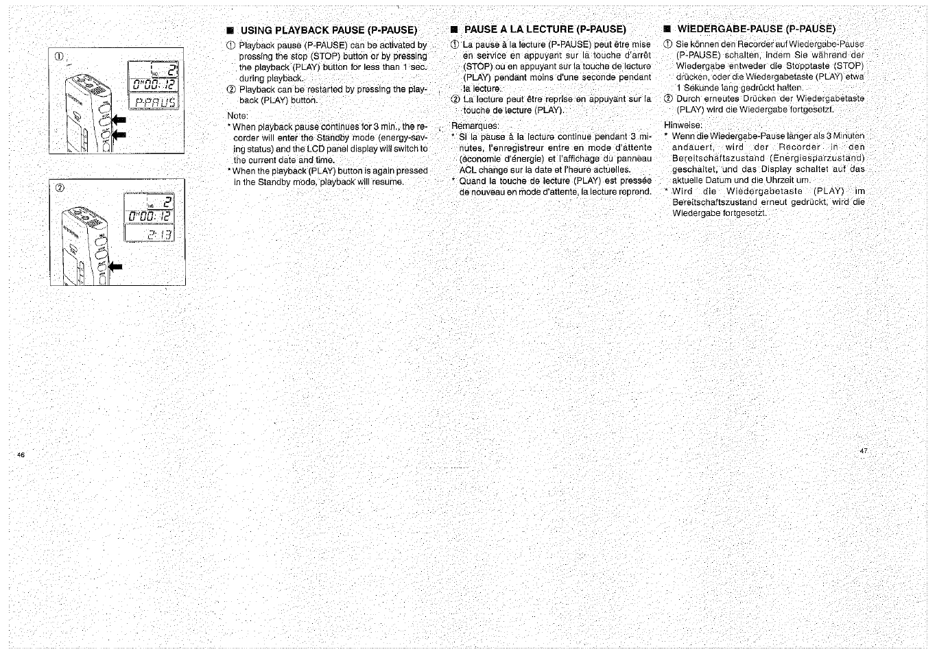 Using playback pause (p-pause), Pause a la lecture (p-pause), Wiedergabe-pause (p-pause) | Olympus D-1000 Digital Voice Recorder User Manual | Page 24 / 44