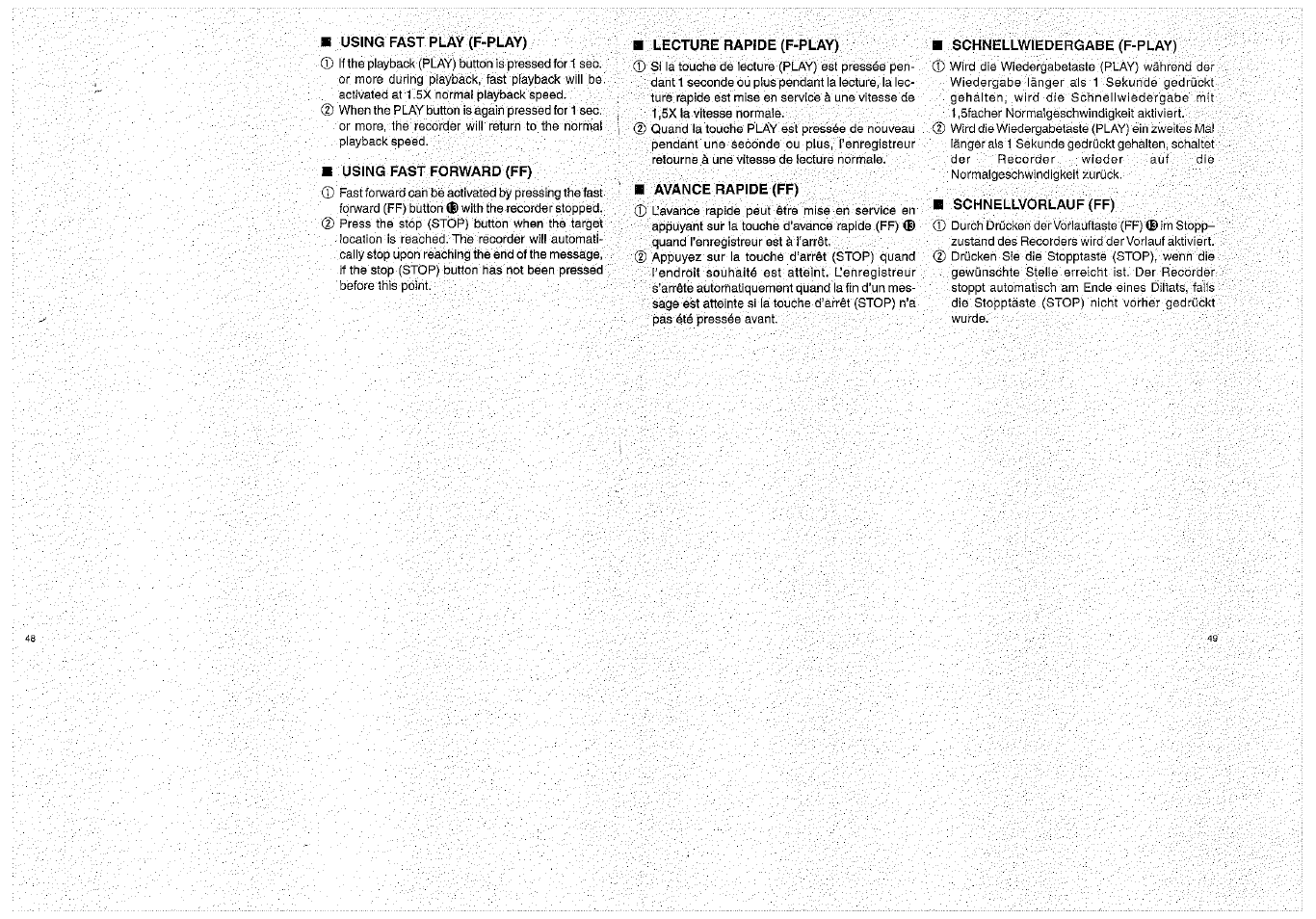 Using fast play (f-play), Using fast forward (ff), Lecture rapide (f-play) | Avance rapide (ff), Schnellwiedergabe (f-play), Schnellvorlauf(ff), Lecture rapide (f-play) avance rapide (ff) ...v | Olympus D-1000 Digital Voice Recorder User Manual | Page 25 / 44