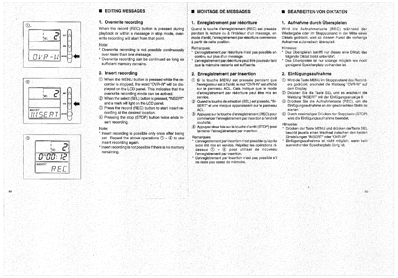 Editing messages, Montage de messages, Bearbeiten von diktaten | Overwrite recording, Insert recording, 1^ enregistrement par réécriture, Enregistrement par, 1, aufnahme durch überspielen, Einfügungsaufnahme | Olympus D-1000 Digital Voice Recorder User Manual | Page 33 / 44