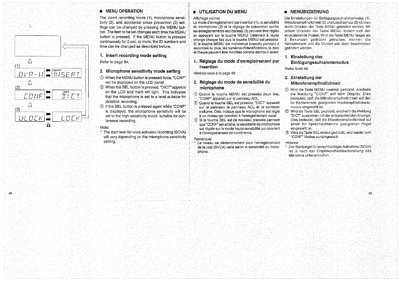 Menu operation, Insert recording mode setting, Microphone sensitivity mode setting | H utilisation du menu, Réglage du mode d’enregistrement par insertion, Réglagè du mode de sensibilité du microphone, M menubedienung, Einstellung des einfügungsaufnahmemödus, Einstellung der mikrofonempfindlichkeit, Utilisation du menu | Olympus D-1000 Digital Voice Recorder User Manual | Page 35 / 44