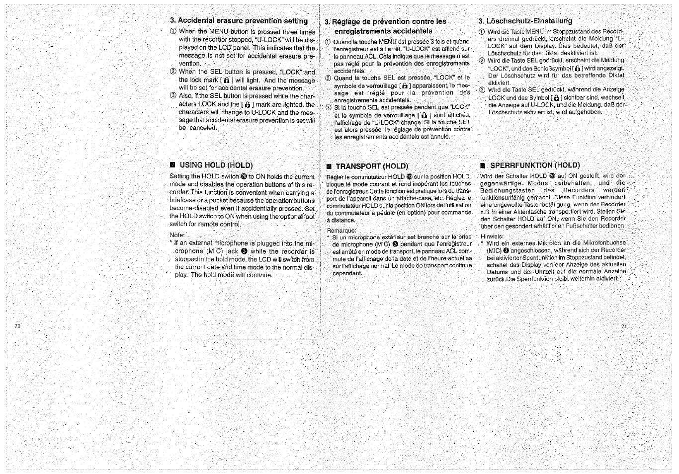 Accidenta! erasure prevention setting, Löschschutz-einsteilung, H using hold (hold) | B transport (hold), R sperrfunktion (hold), Using hold (hold), Transport (hold) | Olympus D-1000 Digital Voice Recorder User Manual | Page 36 / 44