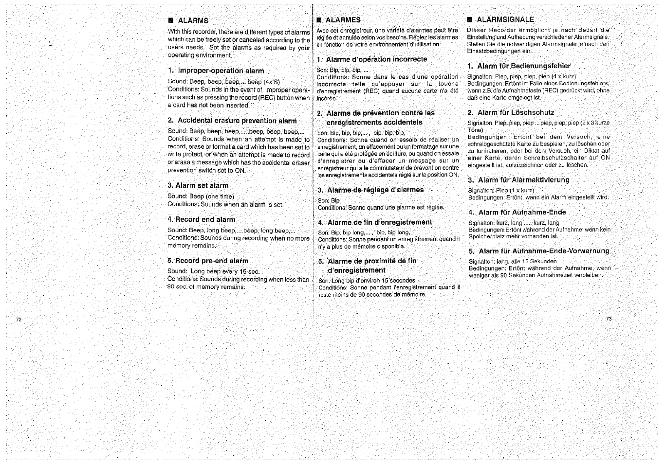 Alarmes, Alarme d’opération incorrecte, Alarme de réglage d’alarmes | Alarme dé fin d’enregistrement, Alarme de proximité de fin d’enregistrement, S alarmsignale, Alarm für bedienungsfehier, Alarm für löschschutz, Alarm für älarmaktivierung, Alarm für aüfhahmö-ende | Olympus D-1000 Digital Voice Recorder User Manual | Page 37 / 44