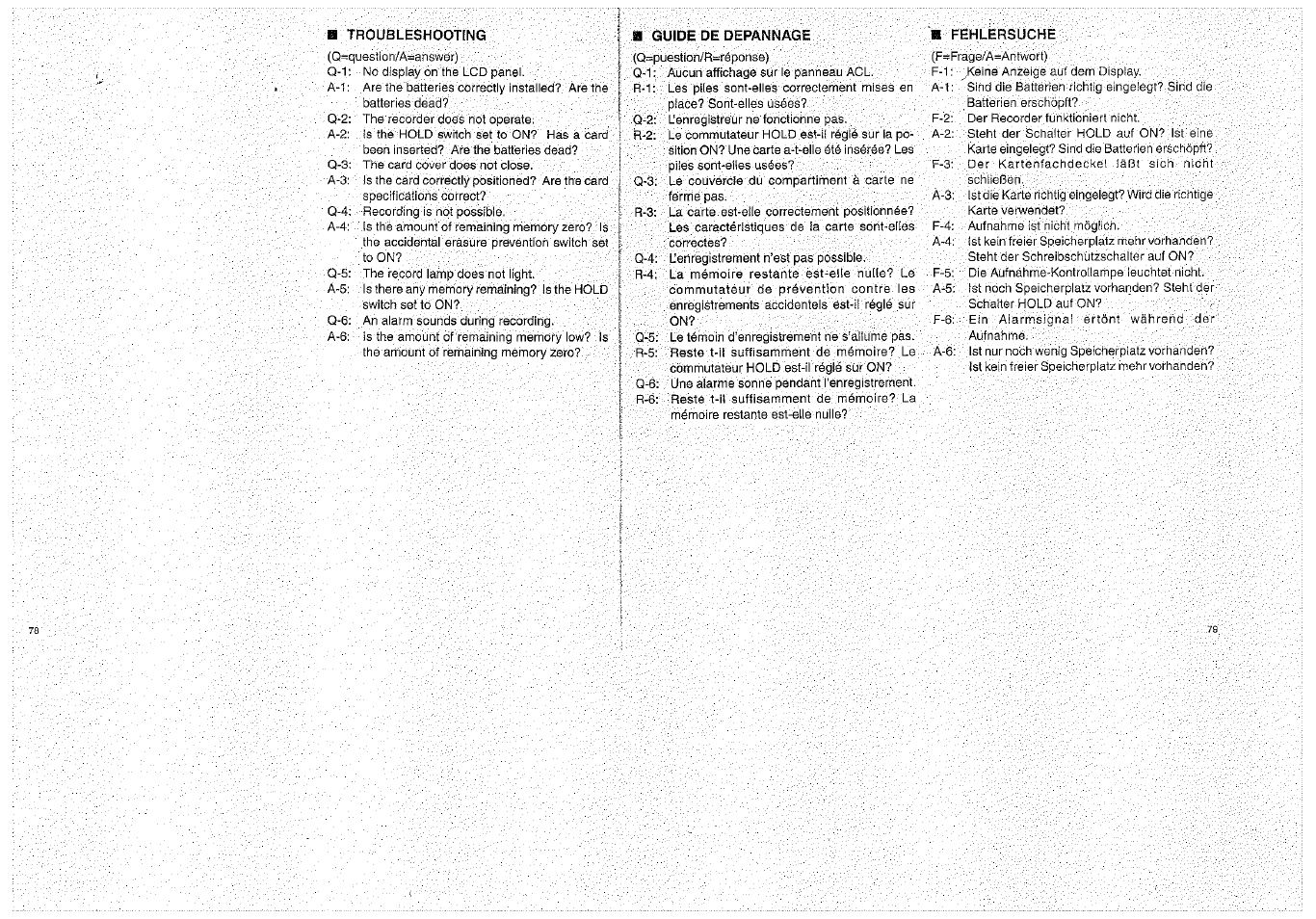 H troubleshooting, A guide de depannage, H fehlersuche | Fehlersuche | Olympus D-1000 Digital Voice Recorder User Manual | Page 40 / 44