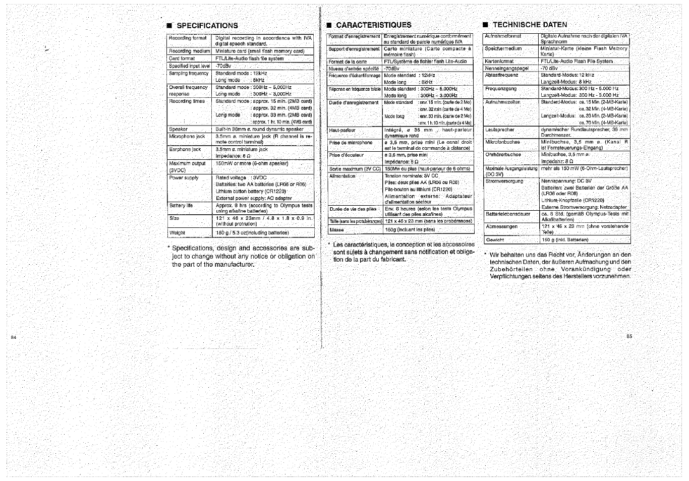 Specifications, Caracteristiques technische daten | Olympus D-1000 Digital Voice Recorder User Manual | Page 43 / 44