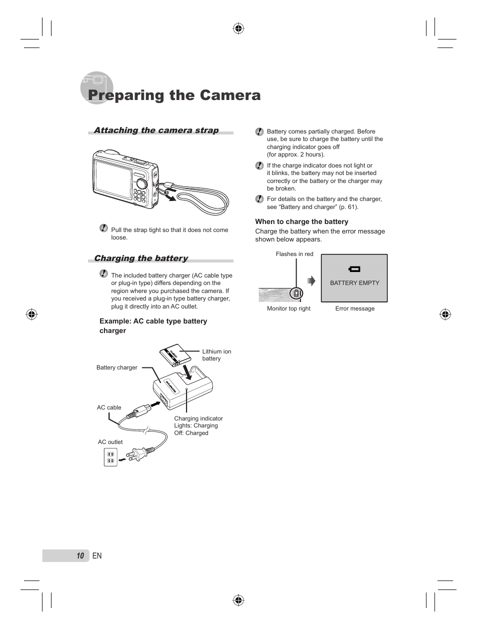 Preparing the camera, Attaching the camera strap, Charging the battery | Olympus STYLUS TOUGH-6000 User Manual | Page 10 / 86