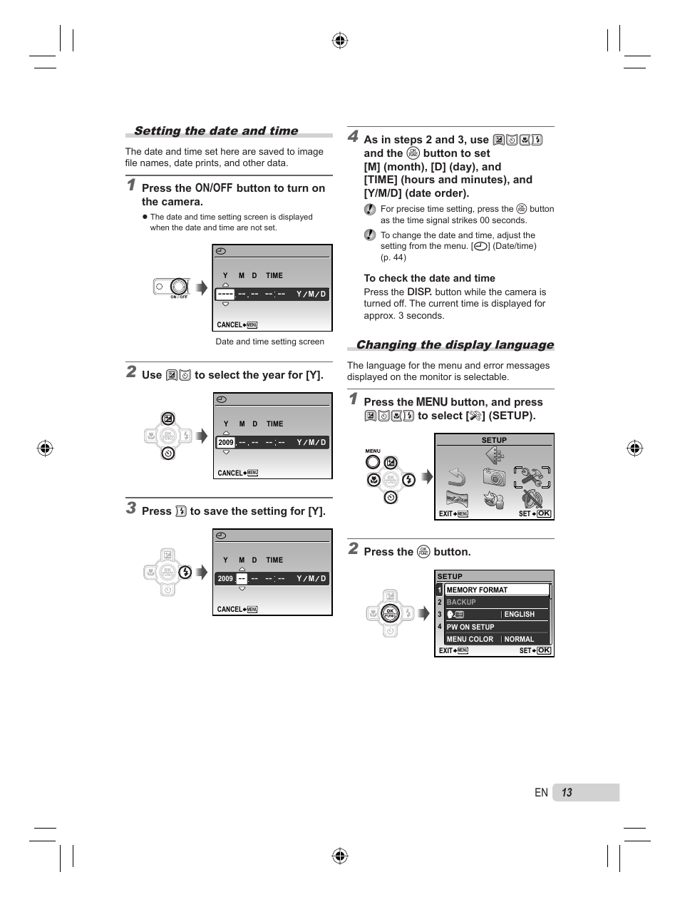 Setting the date and time, Changing the display language, 13 en | Olympus STYLUS TOUGH-6000 User Manual | Page 13 / 86