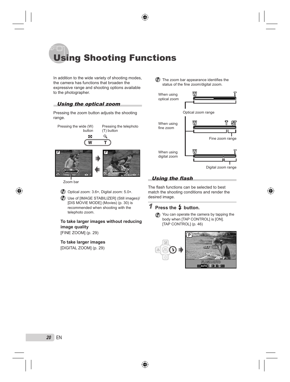 Using shooting functions, Using the fl ash, Using the optical zoom | 20 en, Press the # button | Olympus STYLUS TOUGH-6000 User Manual | Page 20 / 86