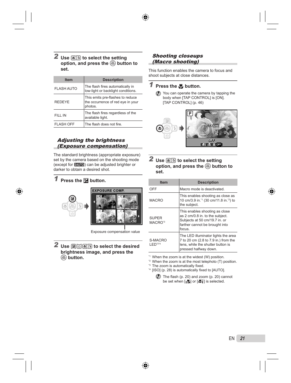 Adjusting the brightness (exposure compensation), Shooting closeups (macro shooting), 21 en | Olympus STYLUS TOUGH-6000 User Manual | Page 21 / 86