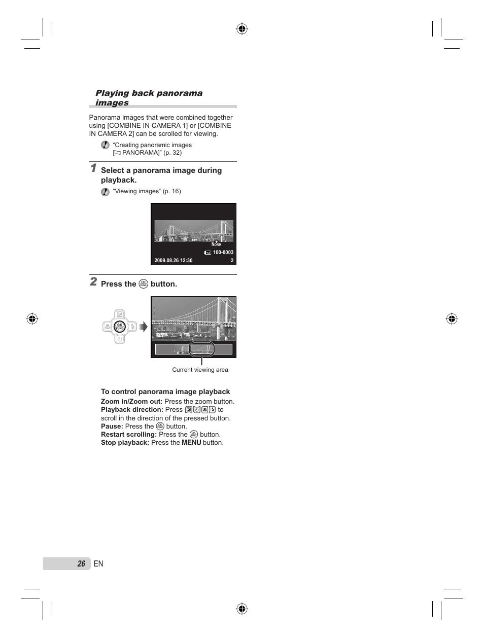 Playing back panorama images | Olympus STYLUS TOUGH-6000 User Manual | Page 26 / 86